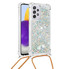 Silicone Candy Rubber TPU Bling-Bling Soft Case Cover with Lanyard Strap S03 for Samsung Galaxy A73 5G Silver