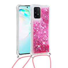 Silicone Candy Rubber TPU Bling-Bling Soft Case Cover with Lanyard Strap S03 for Samsung Galaxy A91 Hot Pink