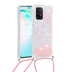 Silicone Candy Rubber TPU Bling-Bling Soft Case Cover with Lanyard Strap S03 for Samsung Galaxy A91 Pink