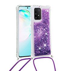 Silicone Candy Rubber TPU Bling-Bling Soft Case Cover with Lanyard Strap S03 for Samsung Galaxy A91 Purple