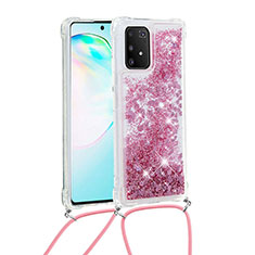 Silicone Candy Rubber TPU Bling-Bling Soft Case Cover with Lanyard Strap S03 for Samsung Galaxy A91 Red