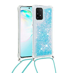 Silicone Candy Rubber TPU Bling-Bling Soft Case Cover with Lanyard Strap S03 for Samsung Galaxy A91 Sky Blue
