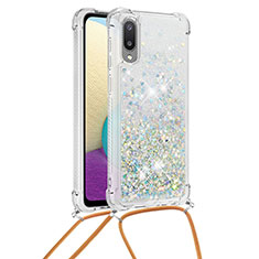 Silicone Candy Rubber TPU Bling-Bling Soft Case Cover with Lanyard Strap S03 for Samsung Galaxy M02 Silver