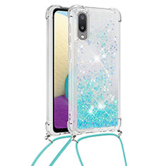 Silicone Candy Rubber TPU Bling-Bling Soft Case Cover with Lanyard Strap S03 for Samsung Galaxy M02 Sky Blue
