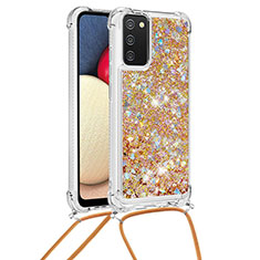 Silicone Candy Rubber TPU Bling-Bling Soft Case Cover with Lanyard Strap S03 for Samsung Galaxy M02s Gold