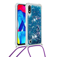 Silicone Candy Rubber TPU Bling-Bling Soft Case Cover with Lanyard Strap S03 for Samsung Galaxy M10 Blue