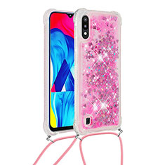 Silicone Candy Rubber TPU Bling-Bling Soft Case Cover with Lanyard Strap S03 for Samsung Galaxy M10 Hot Pink