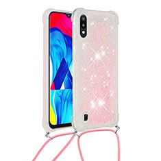 Silicone Candy Rubber TPU Bling-Bling Soft Case Cover with Lanyard Strap S03 for Samsung Galaxy M10 Pink