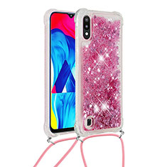 Silicone Candy Rubber TPU Bling-Bling Soft Case Cover with Lanyard Strap S03 for Samsung Galaxy M10 Red