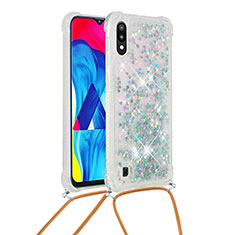 Silicone Candy Rubber TPU Bling-Bling Soft Case Cover with Lanyard Strap S03 for Samsung Galaxy M10 Silver