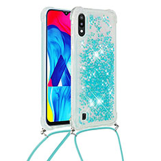 Silicone Candy Rubber TPU Bling-Bling Soft Case Cover with Lanyard Strap S03 for Samsung Galaxy M10 Sky Blue