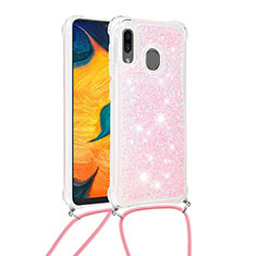 Silicone Candy Rubber TPU Bling-Bling Soft Case Cover with Lanyard Strap S03 for Samsung Galaxy M10S Pink