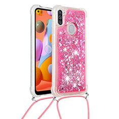Silicone Candy Rubber TPU Bling-Bling Soft Case Cover with Lanyard Strap S03 for Samsung Galaxy M11 Hot Pink