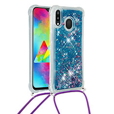 Silicone Candy Rubber TPU Bling-Bling Soft Case Cover with Lanyard Strap S03 for Samsung Galaxy M20 Blue
