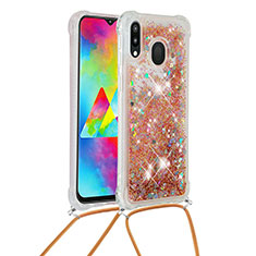 Silicone Candy Rubber TPU Bling-Bling Soft Case Cover with Lanyard Strap S03 for Samsung Galaxy M20 Gold