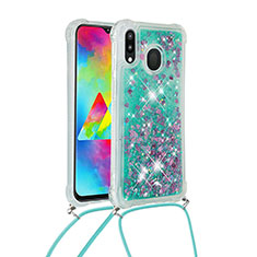 Silicone Candy Rubber TPU Bling-Bling Soft Case Cover with Lanyard Strap S03 for Samsung Galaxy M20 Green