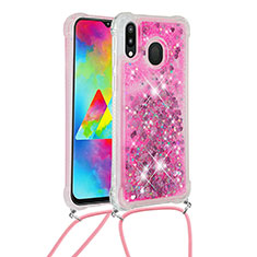Silicone Candy Rubber TPU Bling-Bling Soft Case Cover with Lanyard Strap S03 for Samsung Galaxy M20 Hot Pink
