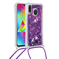Silicone Candy Rubber TPU Bling-Bling Soft Case Cover with Lanyard Strap S03 for Samsung Galaxy M20 Purple