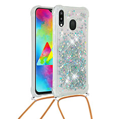 Silicone Candy Rubber TPU Bling-Bling Soft Case Cover with Lanyard Strap S03 for Samsung Galaxy M20 Silver
