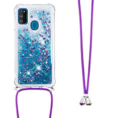 Silicone Candy Rubber TPU Bling-Bling Soft Case Cover with Lanyard Strap S03 for Samsung Galaxy M21 Blue
