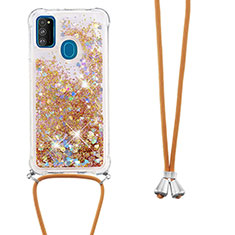 Silicone Candy Rubber TPU Bling-Bling Soft Case Cover with Lanyard Strap S03 for Samsung Galaxy M21 Gold
