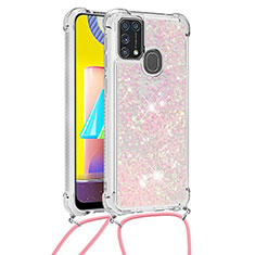 Silicone Candy Rubber TPU Bling-Bling Soft Case Cover with Lanyard Strap S03 for Samsung Galaxy M21s Pink
