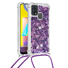 Silicone Candy Rubber TPU Bling-Bling Soft Case Cover with Lanyard Strap S03 for Samsung Galaxy M21s Purple