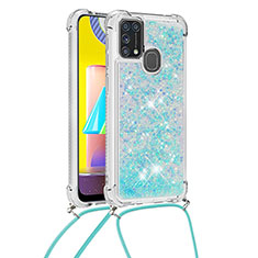 Silicone Candy Rubber TPU Bling-Bling Soft Case Cover with Lanyard Strap S03 for Samsung Galaxy M21s Sky Blue