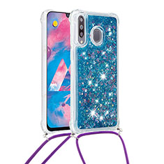 Silicone Candy Rubber TPU Bling-Bling Soft Case Cover with Lanyard Strap S03 for Samsung Galaxy M30 Blue