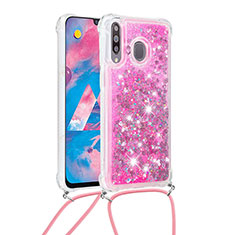 Silicone Candy Rubber TPU Bling-Bling Soft Case Cover with Lanyard Strap S03 for Samsung Galaxy M30 Hot Pink