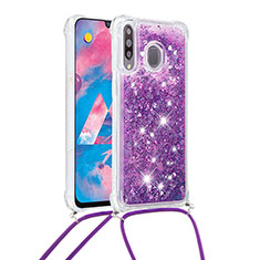 Silicone Candy Rubber TPU Bling-Bling Soft Case Cover with Lanyard Strap S03 for Samsung Galaxy M30 Purple