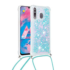 Silicone Candy Rubber TPU Bling-Bling Soft Case Cover with Lanyard Strap S03 for Samsung Galaxy M30 Sky Blue