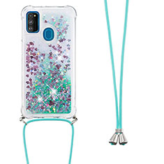 Silicone Candy Rubber TPU Bling-Bling Soft Case Cover with Lanyard Strap S03 for Samsung Galaxy M30s Green