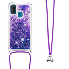 Silicone Candy Rubber TPU Bling-Bling Soft Case Cover with Lanyard Strap S03 for Samsung Galaxy M30s Purple