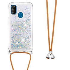 Silicone Candy Rubber TPU Bling-Bling Soft Case Cover with Lanyard Strap S03 for Samsung Galaxy M30s Silver