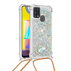 Silicone Candy Rubber TPU Bling-Bling Soft Case Cover with Lanyard Strap S03 for Samsung Galaxy M31 Silver
