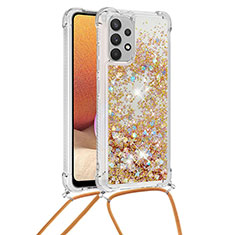 Silicone Candy Rubber TPU Bling-Bling Soft Case Cover with Lanyard Strap S03 for Samsung Galaxy M32 5G Gold