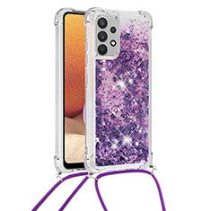 Silicone Candy Rubber TPU Bling-Bling Soft Case Cover with Lanyard Strap S03 for Samsung Galaxy M32 5G Purple