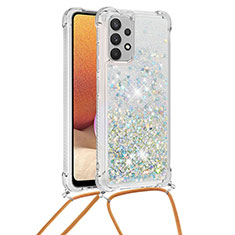 Silicone Candy Rubber TPU Bling-Bling Soft Case Cover with Lanyard Strap S03 for Samsung Galaxy M32 5G Silver