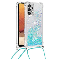Silicone Candy Rubber TPU Bling-Bling Soft Case Cover with Lanyard Strap S03 for Samsung Galaxy M32 5G Sky Blue