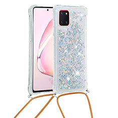 Silicone Candy Rubber TPU Bling-Bling Soft Case Cover with Lanyard Strap S03 for Samsung Galaxy M60s Silver