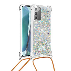 Silicone Candy Rubber TPU Bling-Bling Soft Case Cover with Lanyard Strap S03 for Samsung Galaxy Note 20 5G Silver