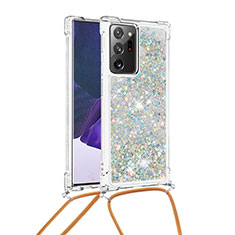 Silicone Candy Rubber TPU Bling-Bling Soft Case Cover with Lanyard Strap S03 for Samsung Galaxy Note 20 Ultra 5G Silver