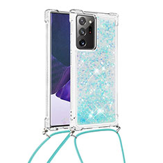 Silicone Candy Rubber TPU Bling-Bling Soft Case Cover with Lanyard Strap S03 for Samsung Galaxy Note 20 Ultra 5G Sky Blue