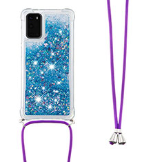 Silicone Candy Rubber TPU Bling-Bling Soft Case Cover with Lanyard Strap S03 for Samsung Galaxy S20 5G Blue