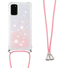 Silicone Candy Rubber TPU Bling-Bling Soft Case Cover with Lanyard Strap S03 for Samsung Galaxy S20 5G Pink