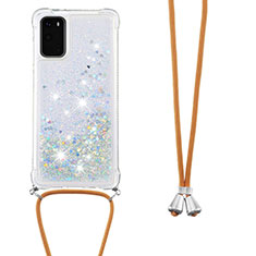Silicone Candy Rubber TPU Bling-Bling Soft Case Cover with Lanyard Strap S03 for Samsung Galaxy S20 5G Silver