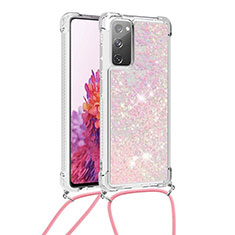 Silicone Candy Rubber TPU Bling-Bling Soft Case Cover with Lanyard Strap S03 for Samsung Galaxy S20 FE 4G Pink