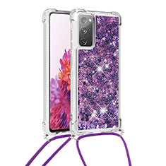 Silicone Candy Rubber TPU Bling-Bling Soft Case Cover with Lanyard Strap S03 for Samsung Galaxy S20 FE 4G Purple