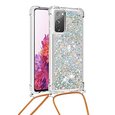 Silicone Candy Rubber TPU Bling-Bling Soft Case Cover with Lanyard Strap S03 for Samsung Galaxy S20 FE 4G Silver